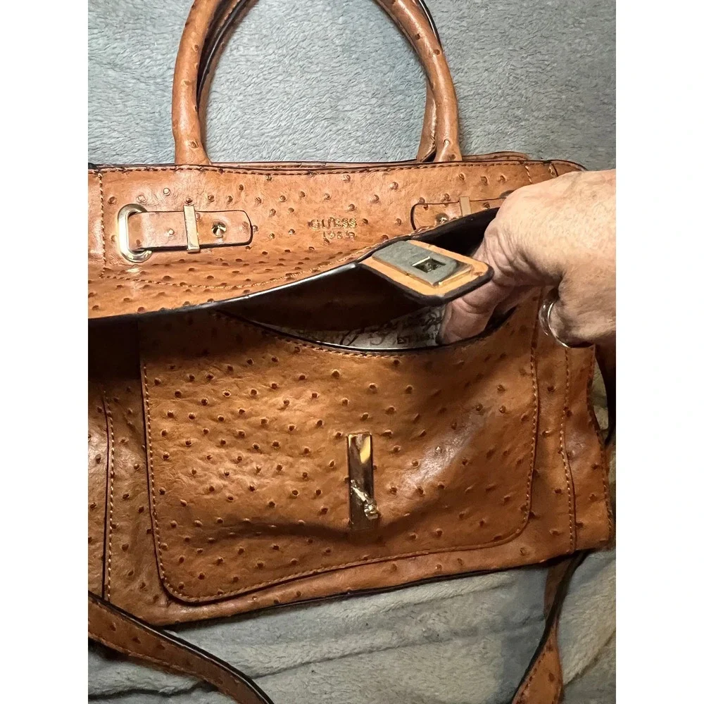 Guess 1981 faux Ostrich Embossed Satchel Crossbody Purse Brown Handle Handbag